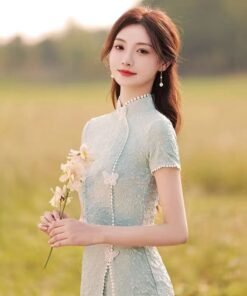 Qipao|A two-piece set of short cheongsams embroidered in green