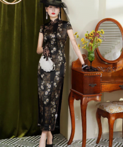 Qipao|Black gold silk flower cheongsam