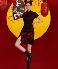 Qipao| Burgundy landscape cheongsam
