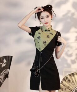 Qipao|Chinese-style two-color color-blocked cheongsam