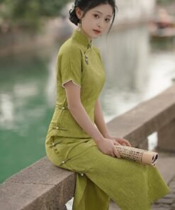 Qipao|Handmade buckle retro Republic of China style girl flat shoulder sleeve jacquard satin