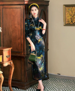 Qipao|Maple leaf blue-black high-end cheongsam