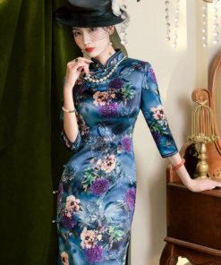 Qipao|Peony pattern blue new Chinese cheongsam