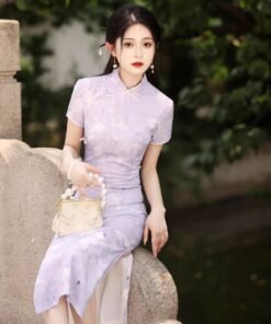 Qipao|Purple Chinese printed cheongsam