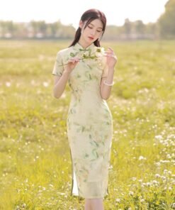 Qipao|Small fresh retro green printed cheongsam
