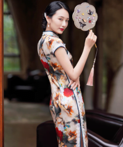 Qipao|Large floral silk cheongsam