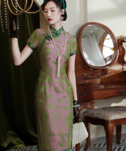 Qipao|Silk green leaf vintage cheongsam