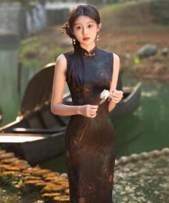 Qipao|Sleeveless luxury black Chinese cheongsam