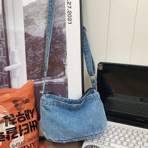 Xeie Thuk Denim Crossbody Bag-dark blue